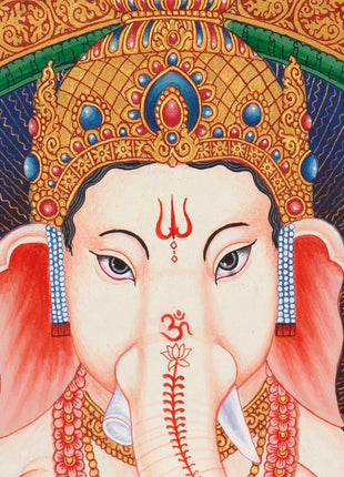 Ganesh Thangka Painting With Kartikeya and Saraswati | Original Hand Painted Ganapati Baba Canvas Art | Wall Hanging Religious Gift