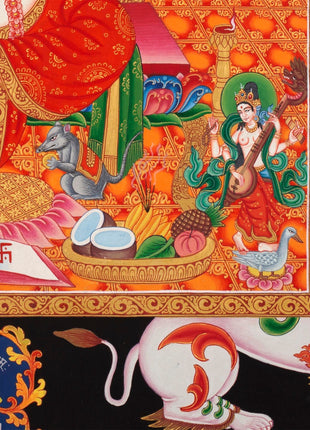 Ganesh Thangka Painting With Kartikeya and Saraswati | Original Hand Painted Ganapati Baba Canvas Art | Wall Hanging Religious Gift