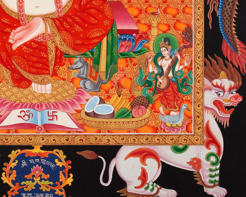 Ganesh Thangka Painting With Kartikeya and Saraswati | Original Hand Painted Ganapati Baba Canvas Art | Wall Hanging Religious Gift