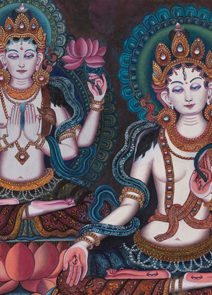 Handpainted Boddhisattvas Thangka | Chenrezig, White, and Green Tara |  Artwork