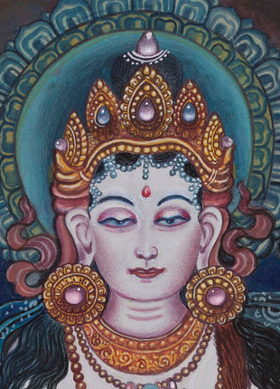 Handpainted Boddhisattvas Thangka | Chenrezig, White, and Green Tara |  Artwork