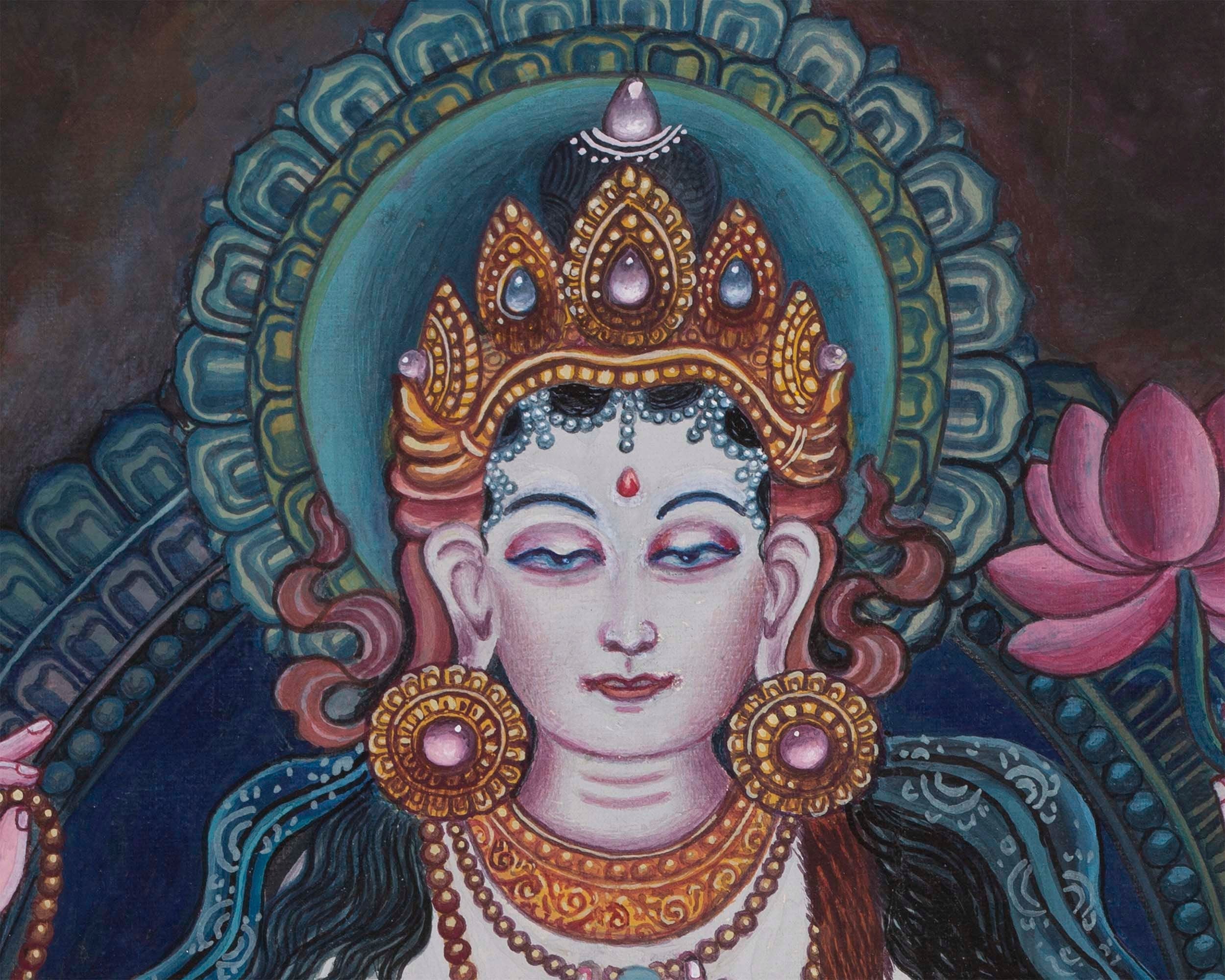 Handpainted Boddhisattvas Thangka | Chenrezig, White, and Green Tara |  Artwork