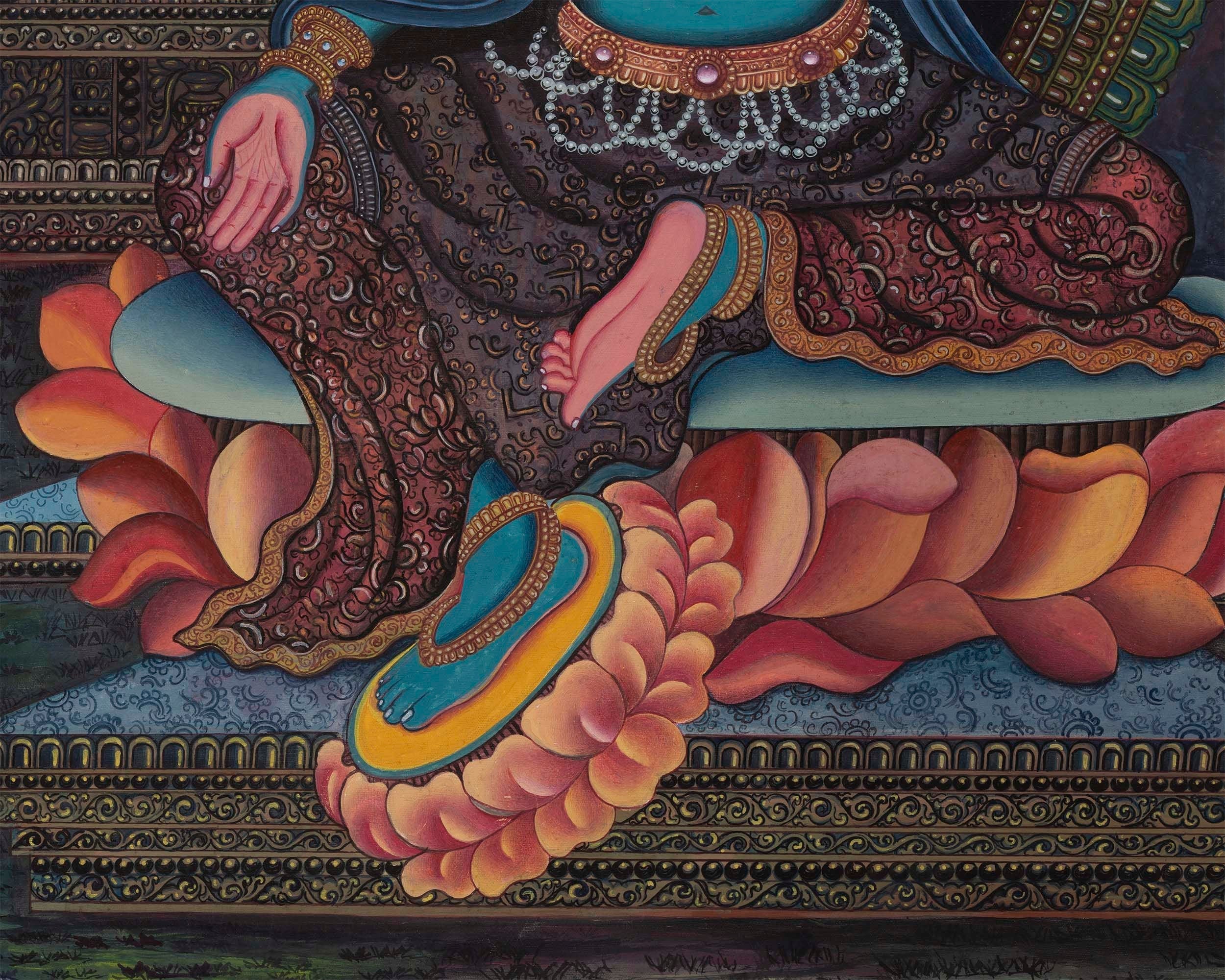 Handpainted Boddhisattvas Thangka | Chenrezig, White, and Green Tara |  Artwork