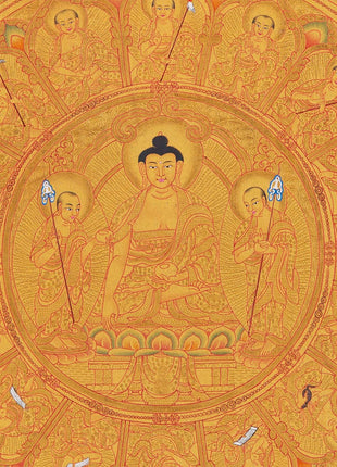 Shakyamuni Buddha Mandala Thangka with Pure 24k Golden  Embellishment | Wall Hanging Yoga Meditation Canvas Art | Spiritual Gift Idea