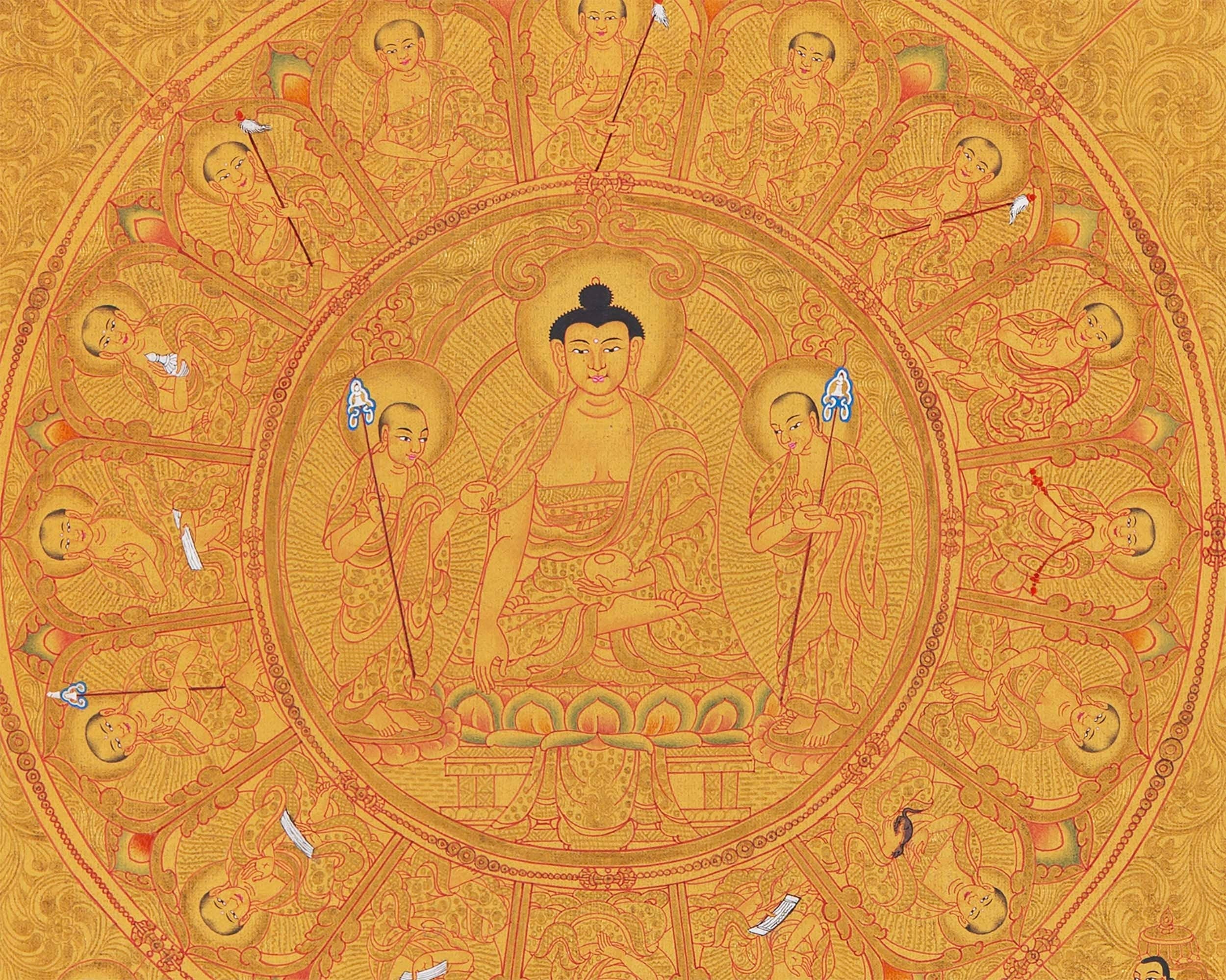 Shakyamuni Buddha Mandala Thangka with Pure 24k Golden  Embellishment | Wall Hanging Yoga Meditation Canvas Art | Spiritual Gift Idea