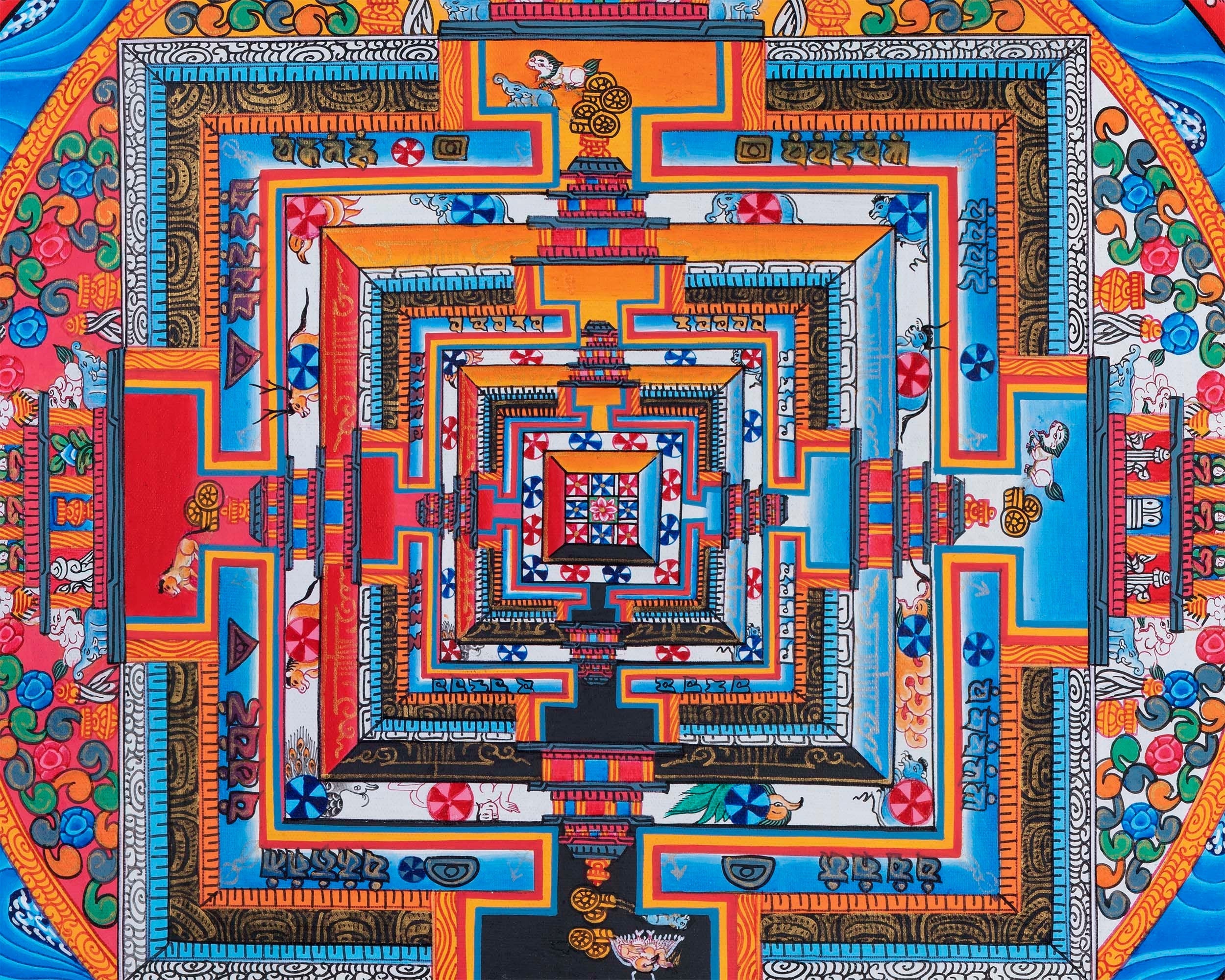 Red Kalachakra Mandala Thangka | Dragon Motif Artwork | Religious Wall Hanging Decors