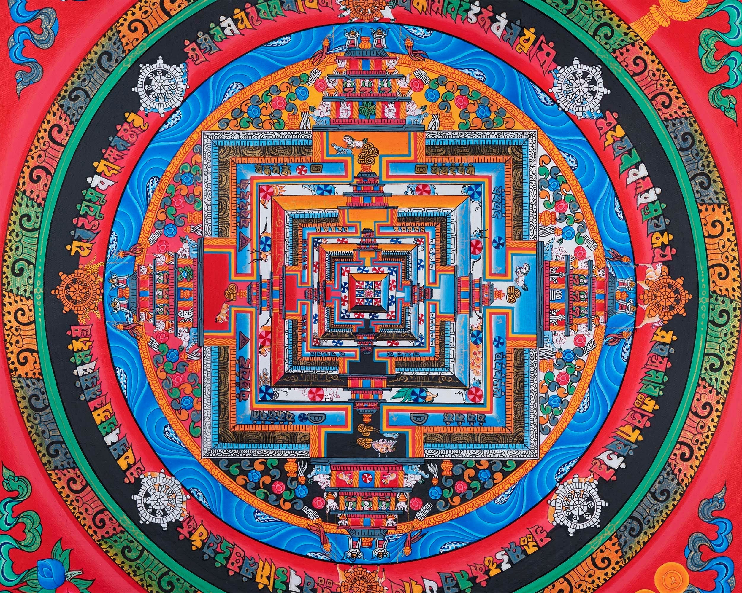 Red Kalachakra Mandala Thangka | Dragon Motif Artwork | Religious Wall Hanging Decors