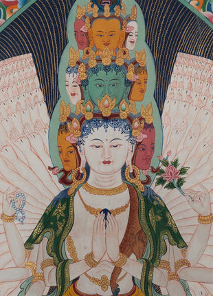Vintage Avalokiteshvara Thangka | Manjushree, Vajrapani, White & Green Tara