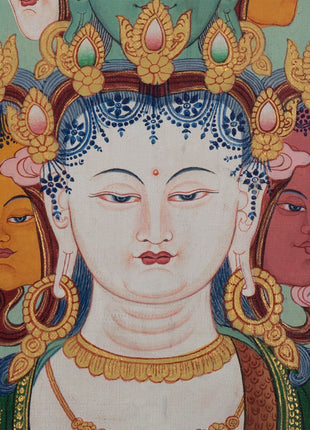 Vintage Avalokiteshvara Thangka | Manjushree, Vajrapani, White & Green Tara