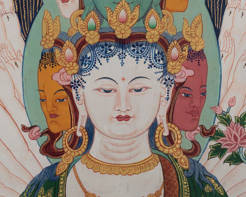 Vintage Avalokiteshvara Thangka | Manjushree, Vajrapani, White & Green Tara