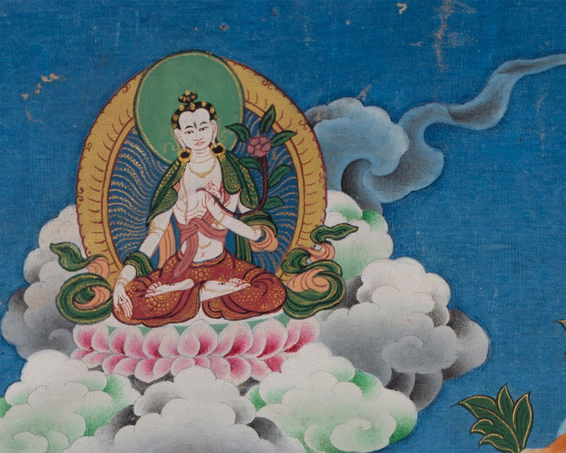 Vintage Avalokiteshvara Thangka | Manjushree, Vajrapani, White & Green Tara