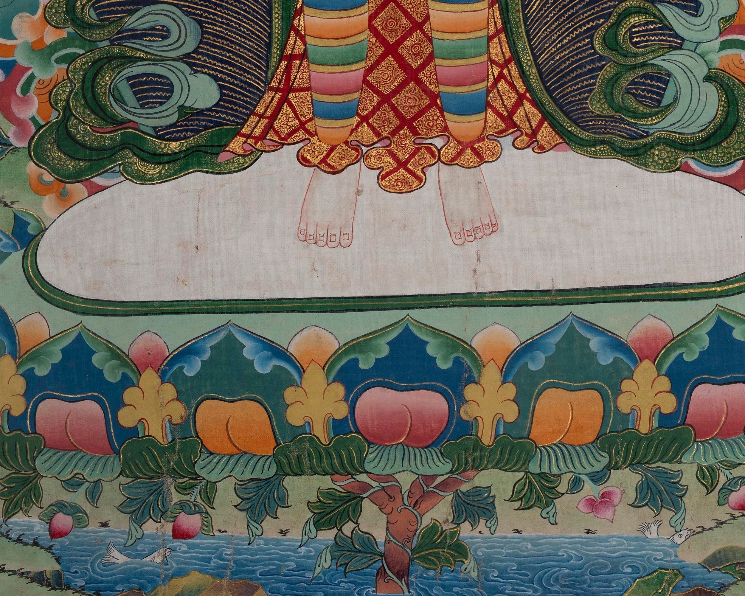 Vintage Avalokiteshvara Thangka | Manjushree, Vajrapani, White & Green Tara