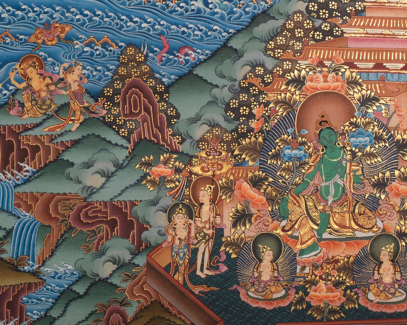 Manjushri and Kathmandu | Swayambhu Folk Lore Representation | Vintage Thangka Painting