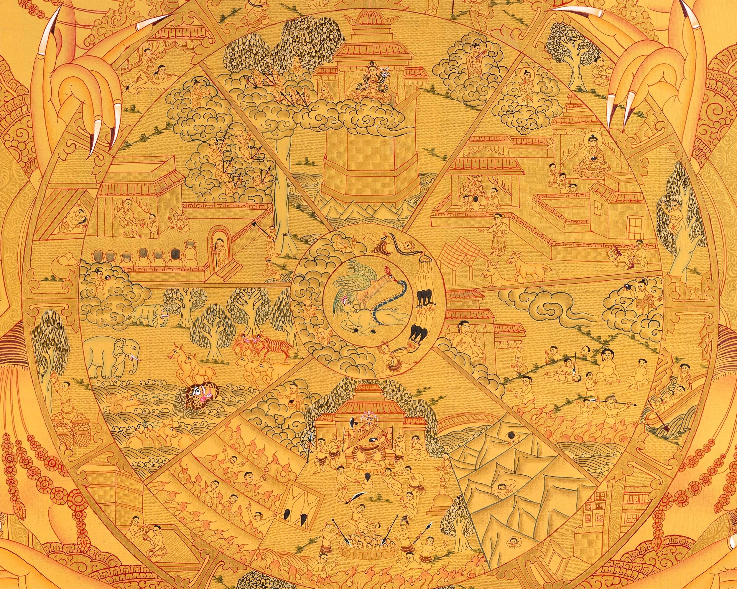 Wheel Of Life Thangka With Full Gold Painted | Wall Decoration Painting | Art Painting for Meditation and Good Luck to house