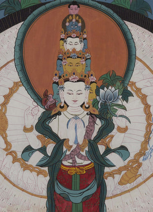 Vintage Arya Lokeshvara | Old Brocade mounted Chengrezig Thangka