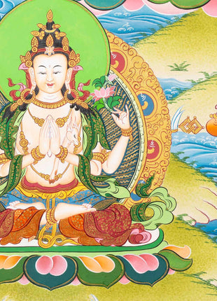 Manjushri Thangka  | Flanked By Avalokiteshvara And Vajrapani
