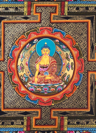 Buddha Shakyamuni Mandala Thangka Painting | Himalayan Buddhist Art  of Buddha On Lotus Throne  | 24 K Gold Work On Black  Base Color