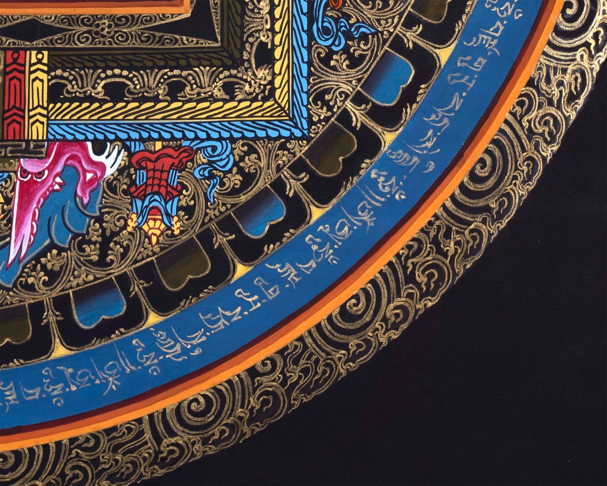 Buddha Shakyamuni Mandala Thangka Painting | Himalayan Buddhist Art  of Buddha On Lotus Throne  | 24 K Gold Work On Black  Base Color