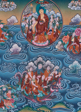 Buddha with 16 Arthats Thangka | Original Hand Painted Tibetan Wall hanging Decoration for Peace | Landscape Art