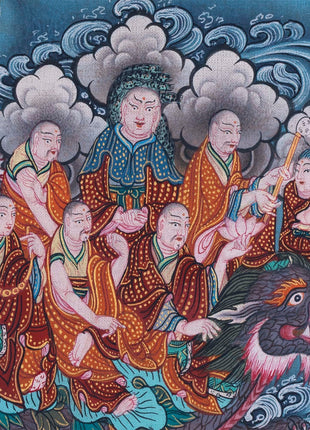 Buddha with 16 Arthats Thangka | Original Hand Painted Tibetan Wall hanging Decoration for Peace | Landscape Art