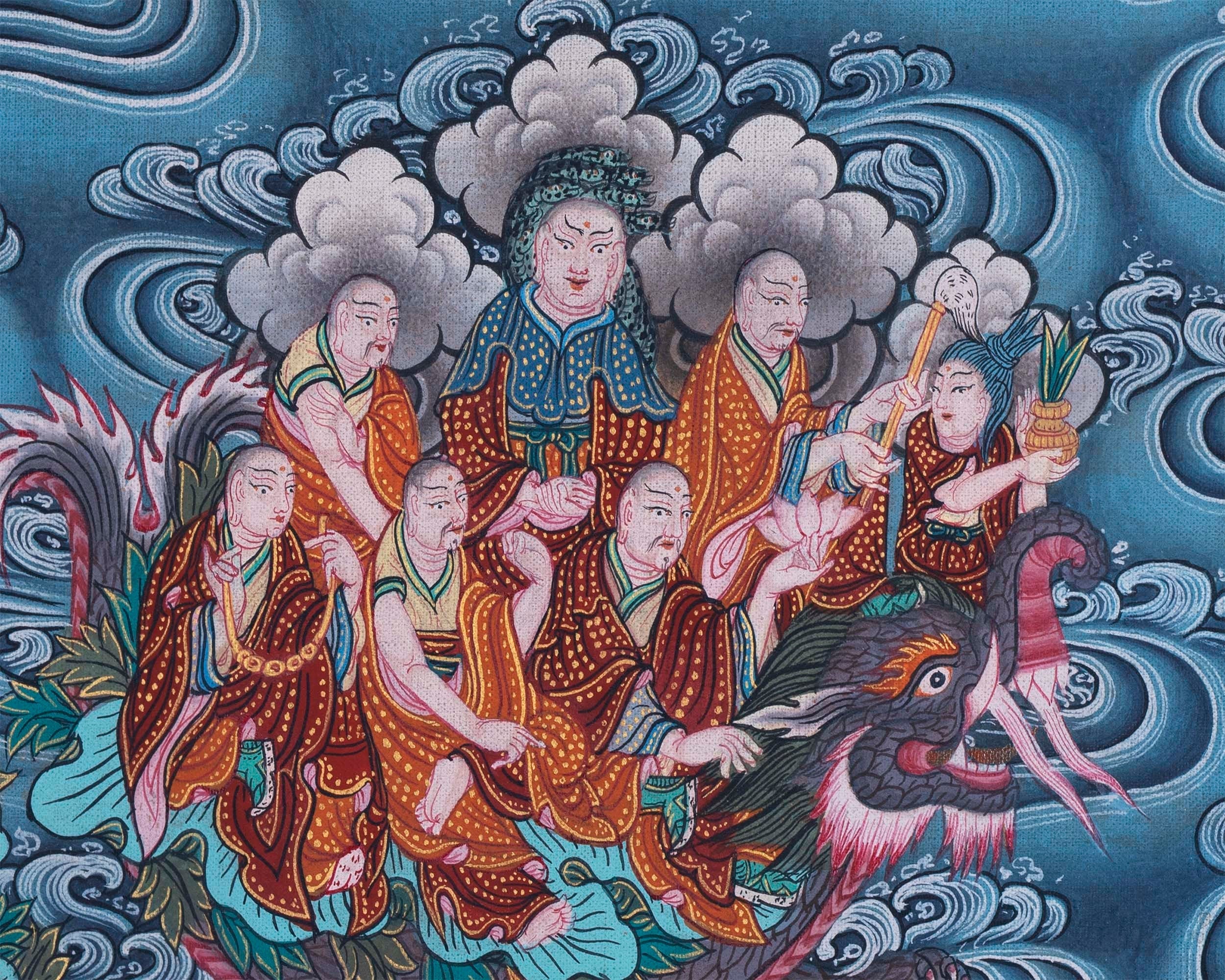 Buddha with 16 Arthats Thangka | Original Hand Painted Tibetan Wall hanging Decoration for Peace | Landscape Art