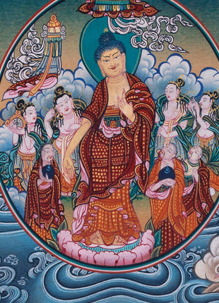 Buddha with 16 Arthats Thangka | Original Hand Painted Tibetan Wall hanging Decoration for Peace | Landscape Art