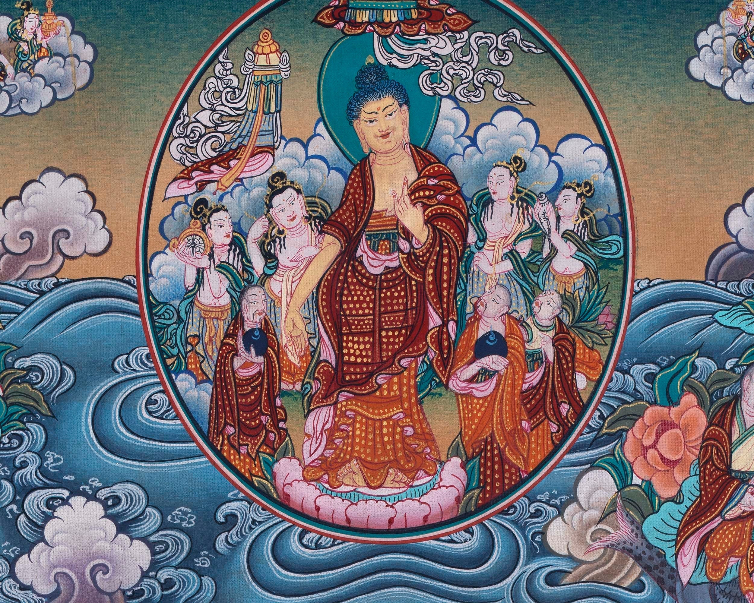 Buddha with 16 Arthats Thangka | Original Hand Painted Tibetan Wall hanging Decoration for Peace | Landscape Art