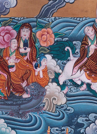 Buddha with 16 Arthats Thangka | Original Hand Painted Tibetan Wall hanging Decoration for Peace | Landscape Art