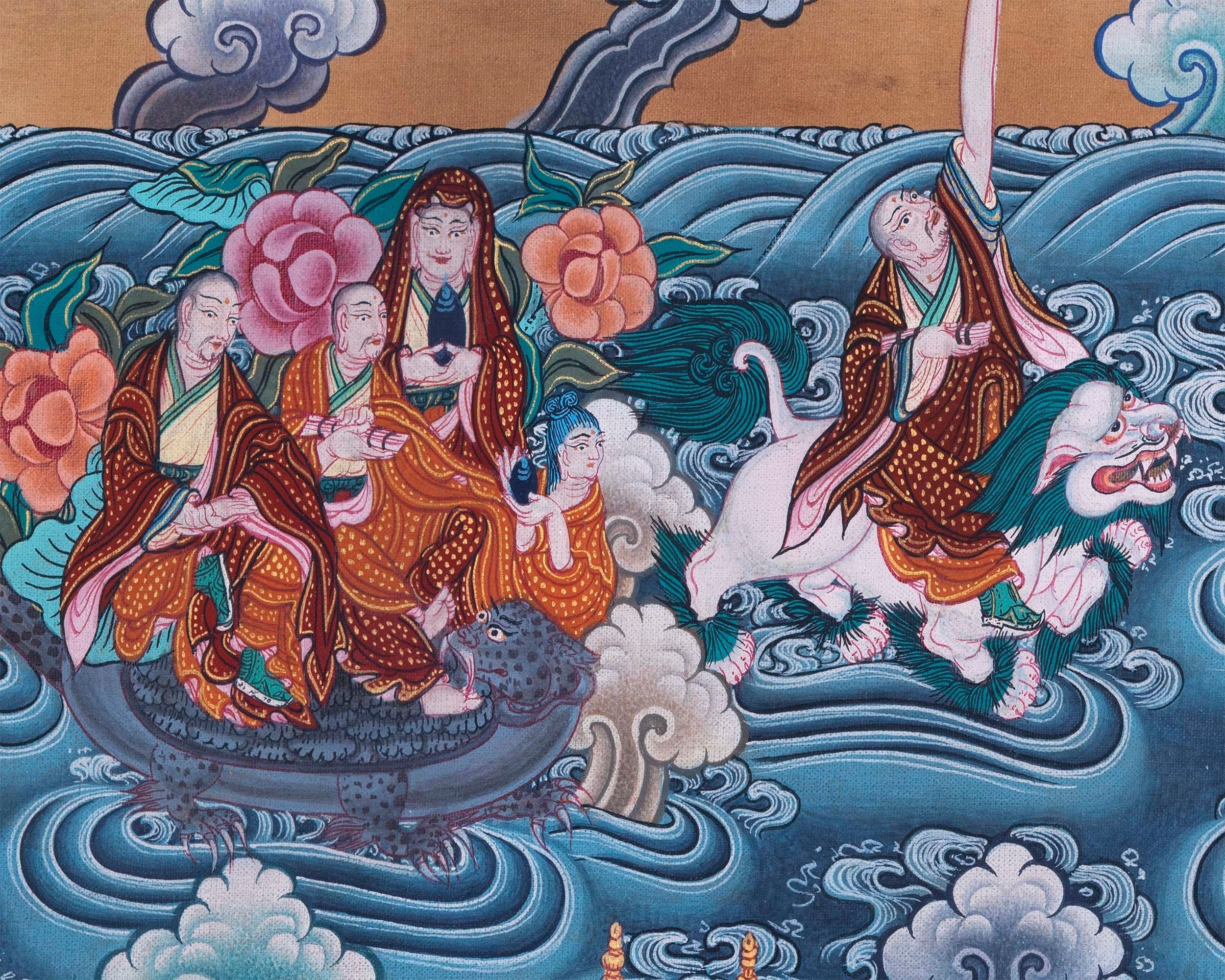 Buddha with 16 Arthats Thangka | Original Hand Painted Tibetan Wall hanging Decoration for Peace | Landscape Art