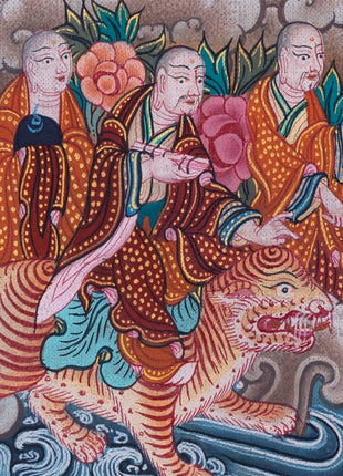 Buddha with 16 Arthats Thangka | Original Hand Painted Tibetan Wall hanging Decoration for Peace | Landscape Art
