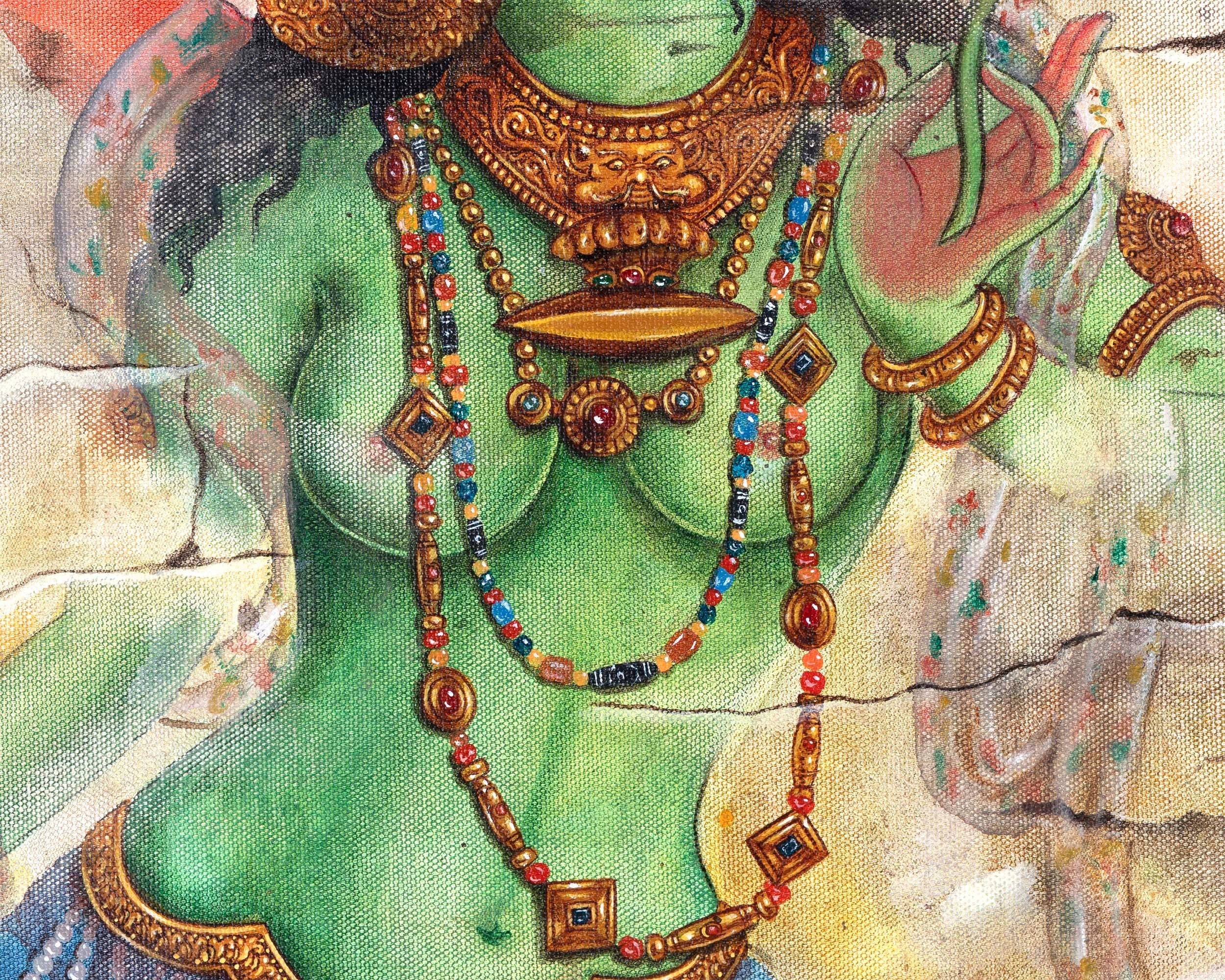 Oil Painting Tara | Arya Green Tara | Religious Buddhist Thangka