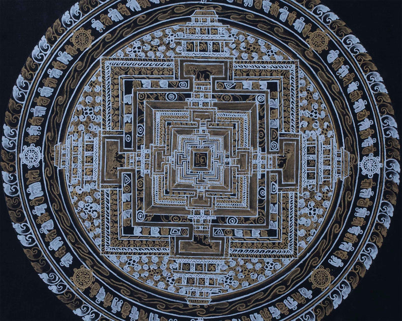 Gold and Silver Kalachakra Mandala Thangka Painting | Hand painted Wall Hanging Art