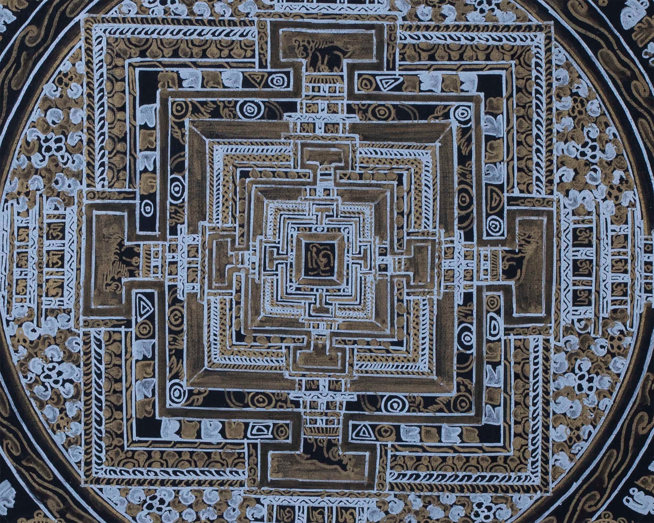 Gold and Silver Kalachakra Mandala Thangka Painting | Hand painted Wall Hanging Art