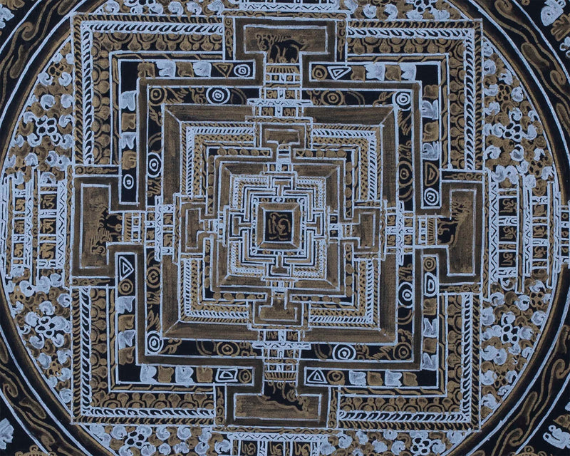 Gold and Silver Kalachakra Mandala Thangka Painting | Hand painted Wall Hanging Art