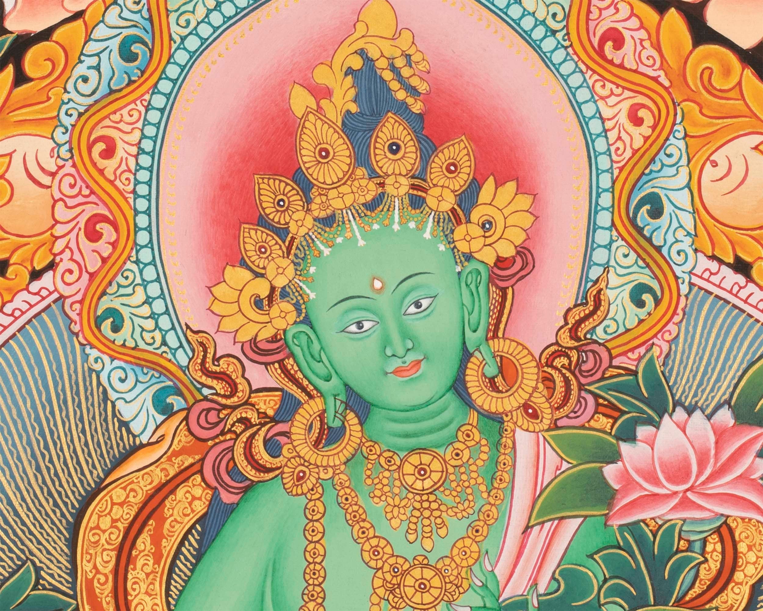 Newari Style Green Tara Thangka | Hand Painted Buddhist Art | Wall Decors