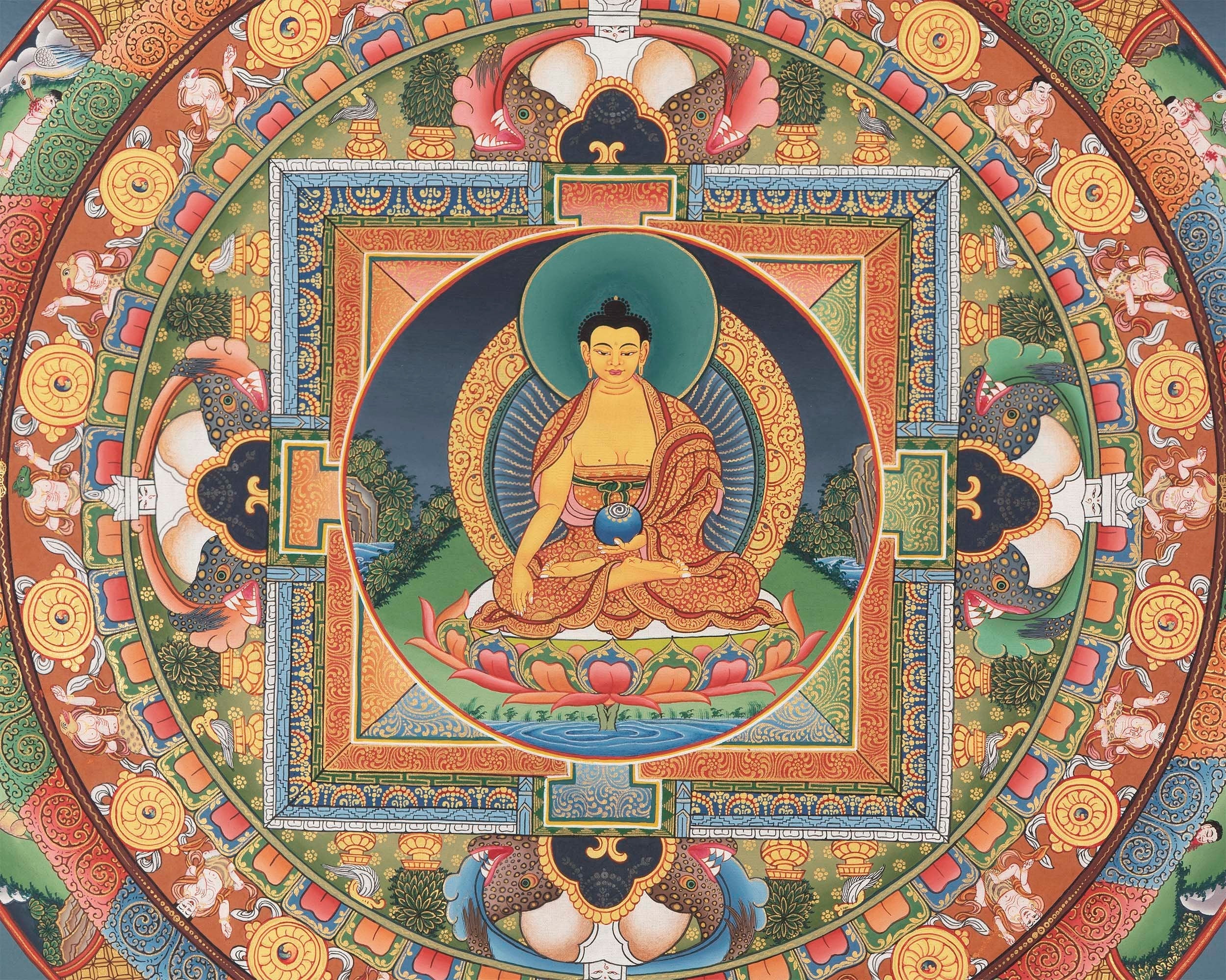 Round Buddhist Mandala Painting | Vintage Thanka for Meditation