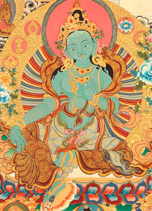 Buddhist Goddess Green Tara Thangka | Tibetan Traditional Art | Religious Wall Decoration