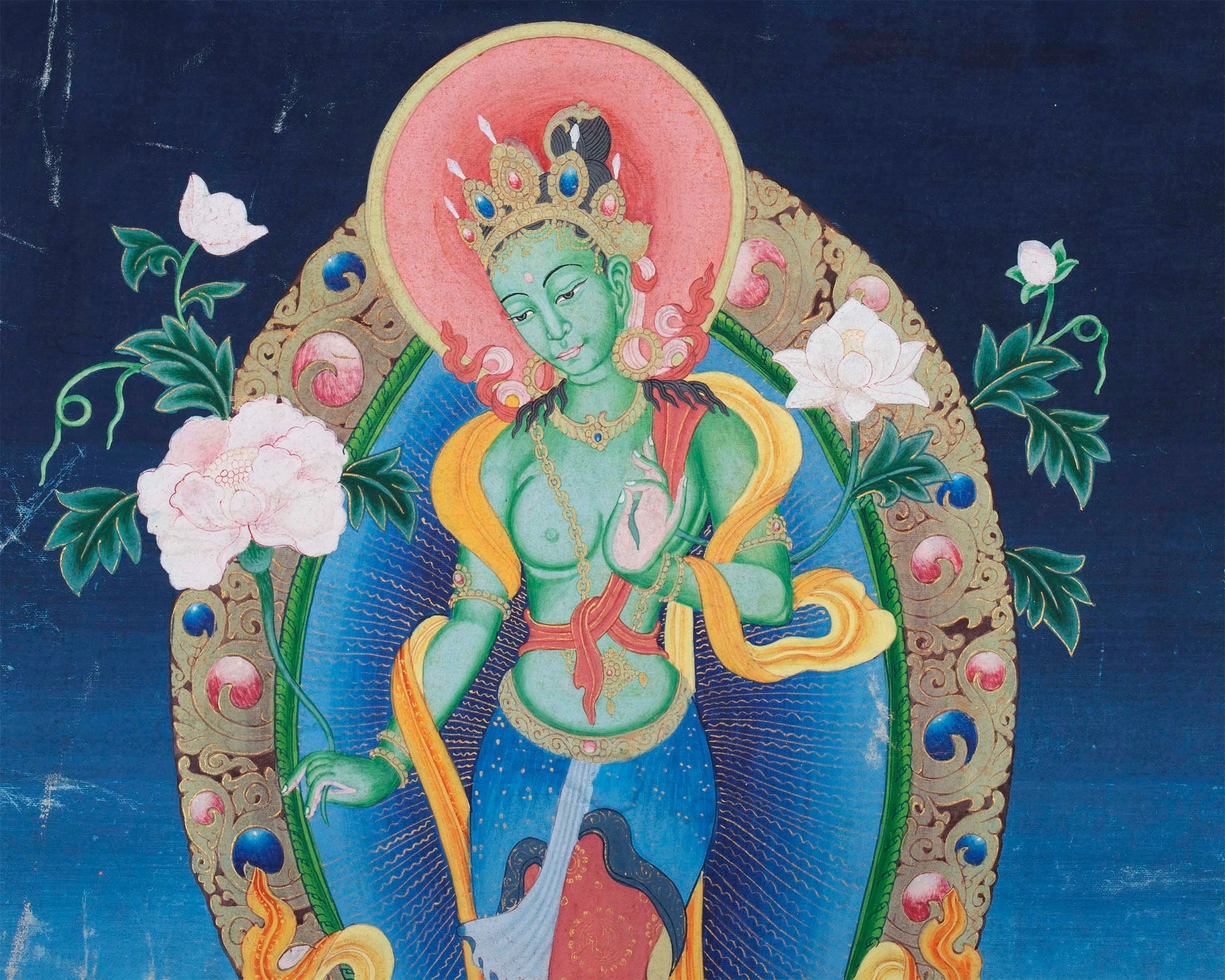 Vintage Green Tara Thangka | Cotton Canvas Spiritual Art