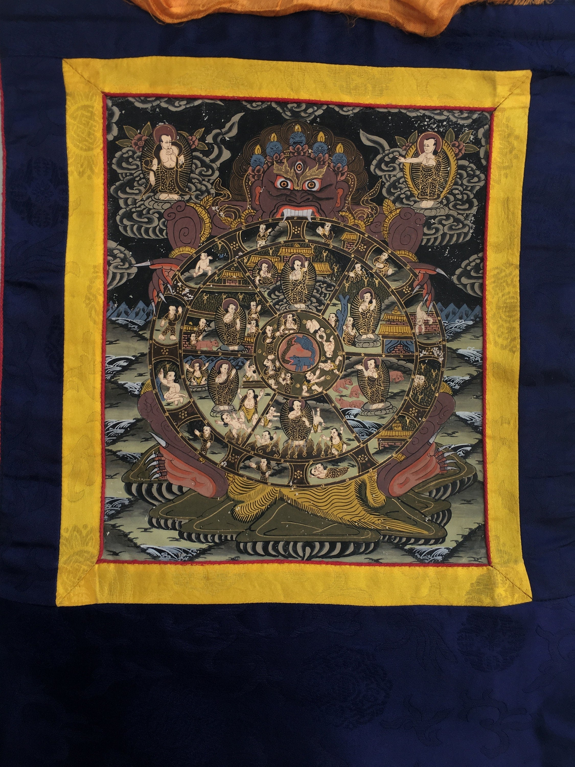 Buddhist Bhavachakra Thangka | Brocade Mounted Thangka | Wall Hanging Decoration