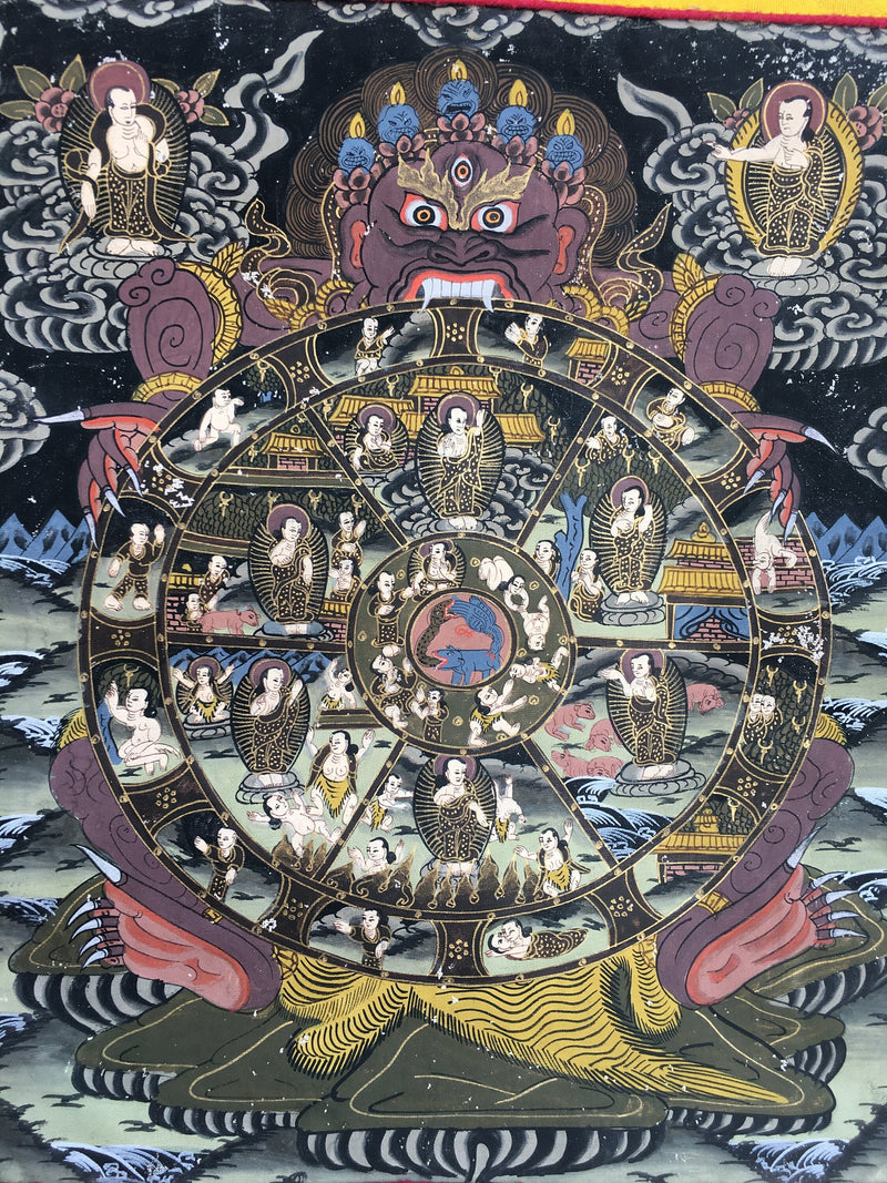 Buddhist Bhavachakra Thangka | Brocade Mounted Thangka | Wall Hanging Decoration