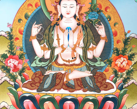 Bodhisattva Avalokiteshvara Thangka | 4 Armed Chengrezig |  Tibetan Buddhist Painting