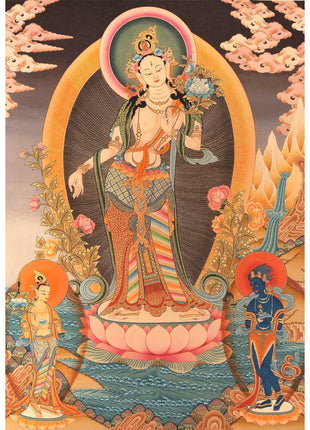 Standing White Tara Mother Goddess Healing Thangka Painting |  Wall hanging Decoration for Positivity