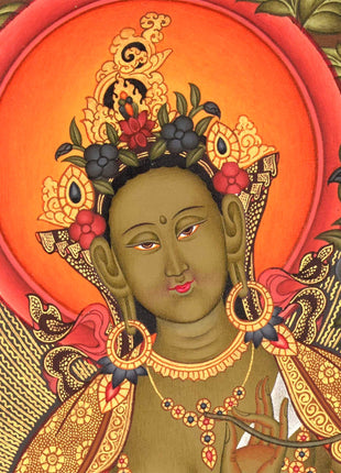 Green Tara Mother Goddess Thangka Painting | Spiritual Meditation Canvas Art