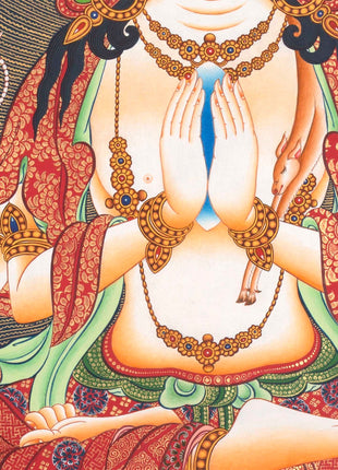 Avalokitesvara Chengrezig Thangka | Flanked by Boddhisattvas Vajrapani and Manjushree | Wall Decors