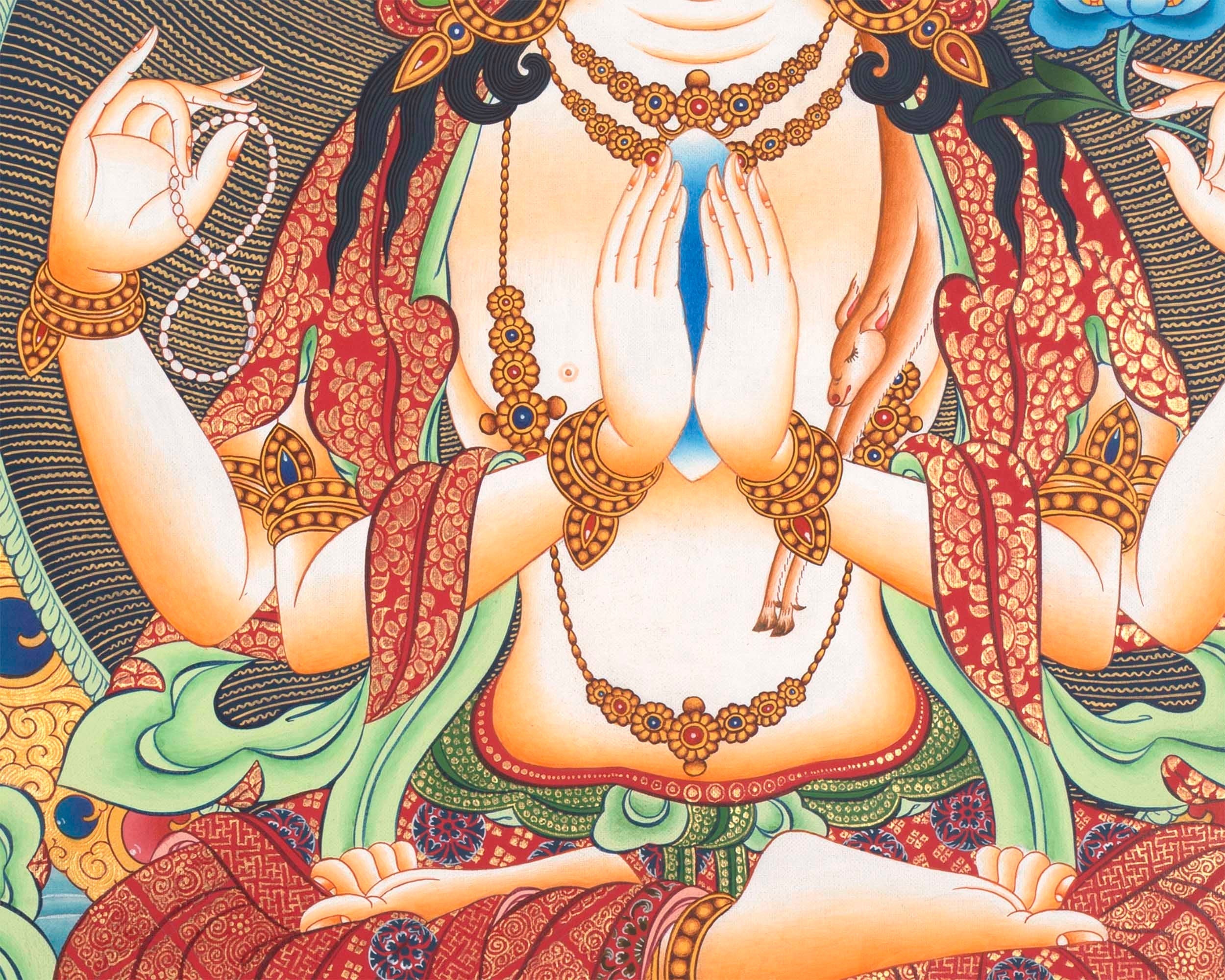Avalokitesvara Chengrezig Thangka | Flanked by Boddhisattvas Vajrapani and Manjushree | Wall Decors