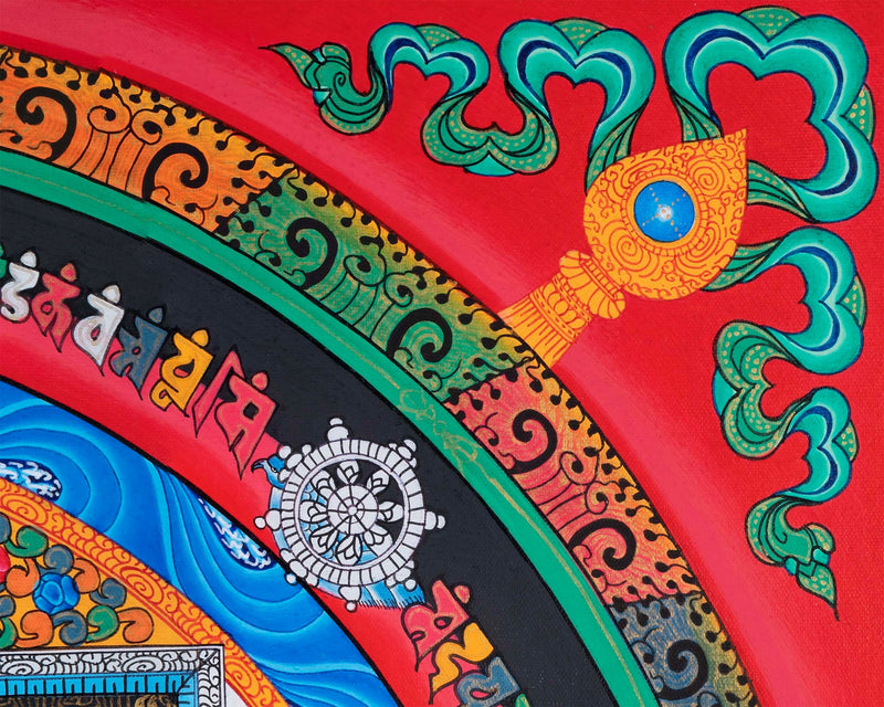 Red Kalachakra Mandala Thangka | Dragon Motif Artwork | Religious Wall Hanging Decors