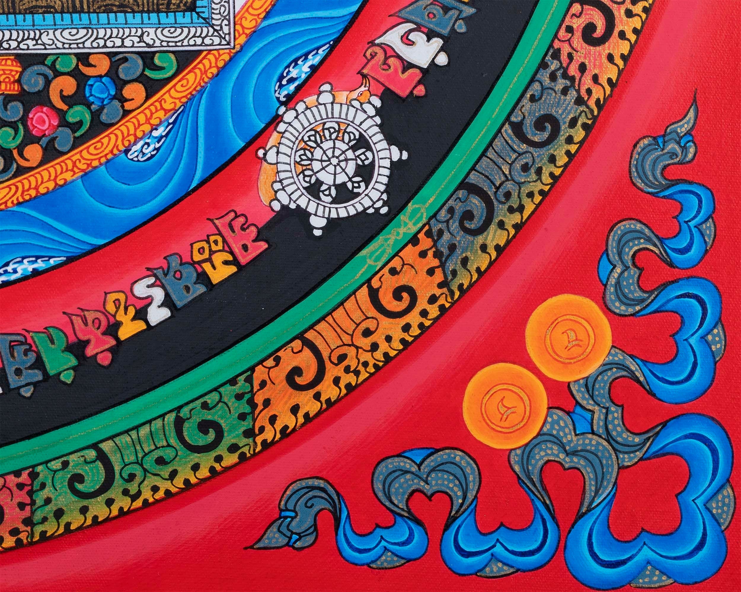 Red Kalachakra Mandala Thangka | Dragon Motif Artwork | Religious Wall Hanging Decors