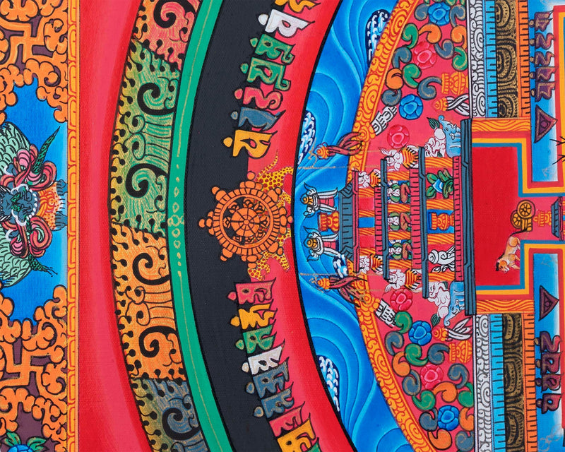 Red Kalachakra Mandala Thangka | Dragon Motif Artwork | Religious Wall Hanging Decors