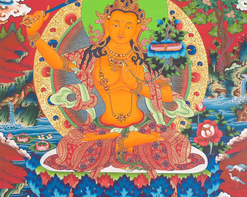 Manjushri Tibetan Thangka | The Buddha of Wisdom | Traditional Wall Hanging Art