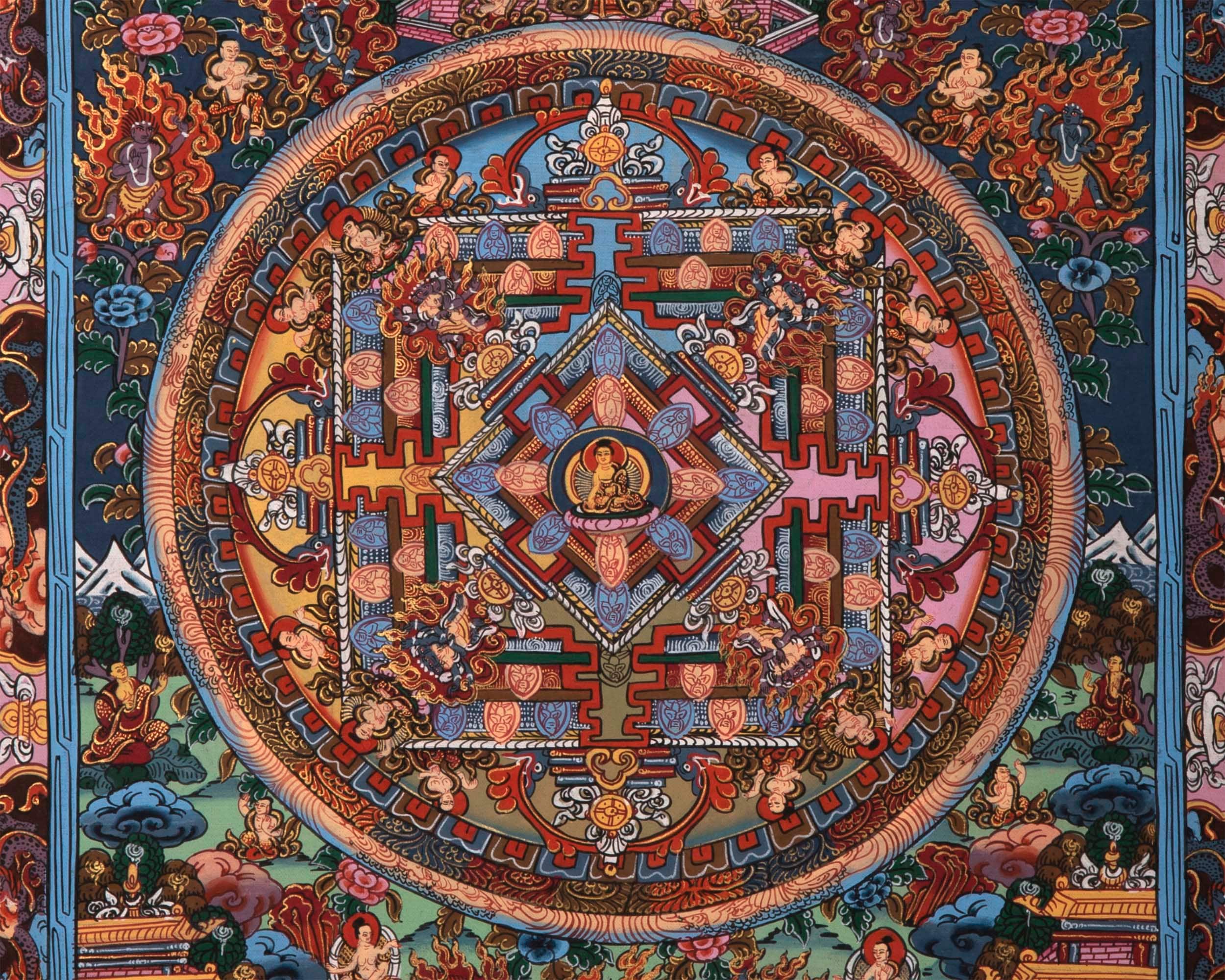 Gold Buddha Mandala Thangka | Original Hand Painted Small Sized Buddhist Thangka |  Tibetan Wall Decoration Painting | 43x33 CMS